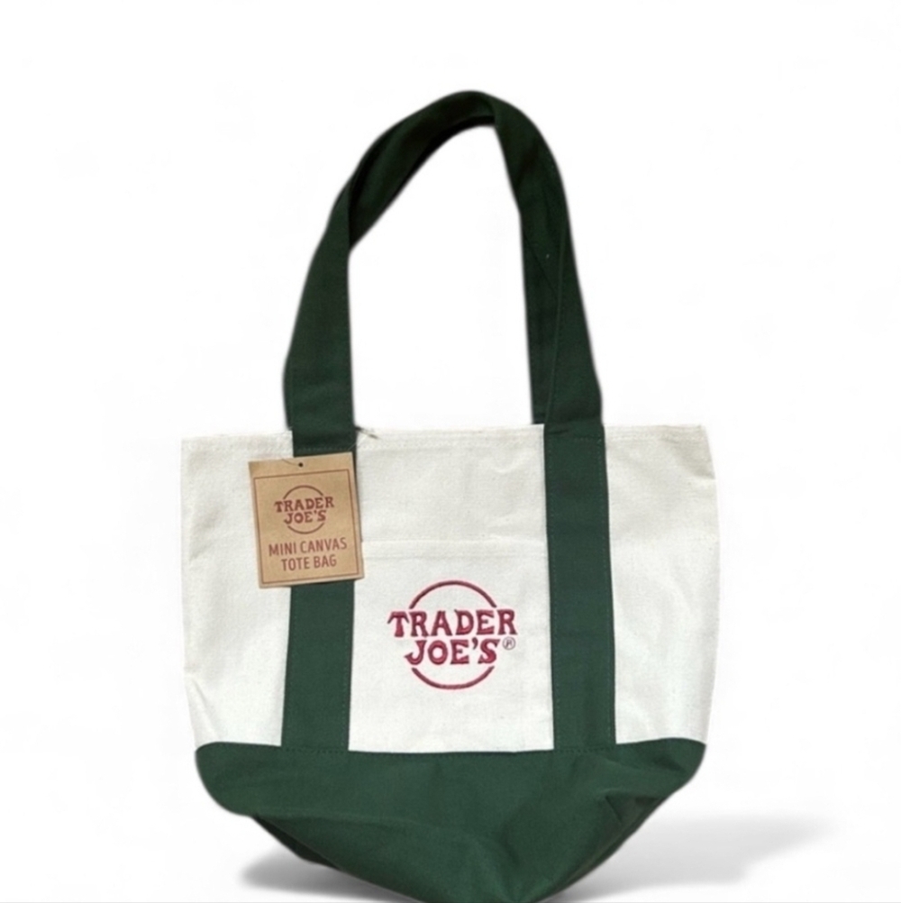 Trader Joe's Green and White Mini Canvas Tote Bag Dimensions: 13” W x 11” H x 6”